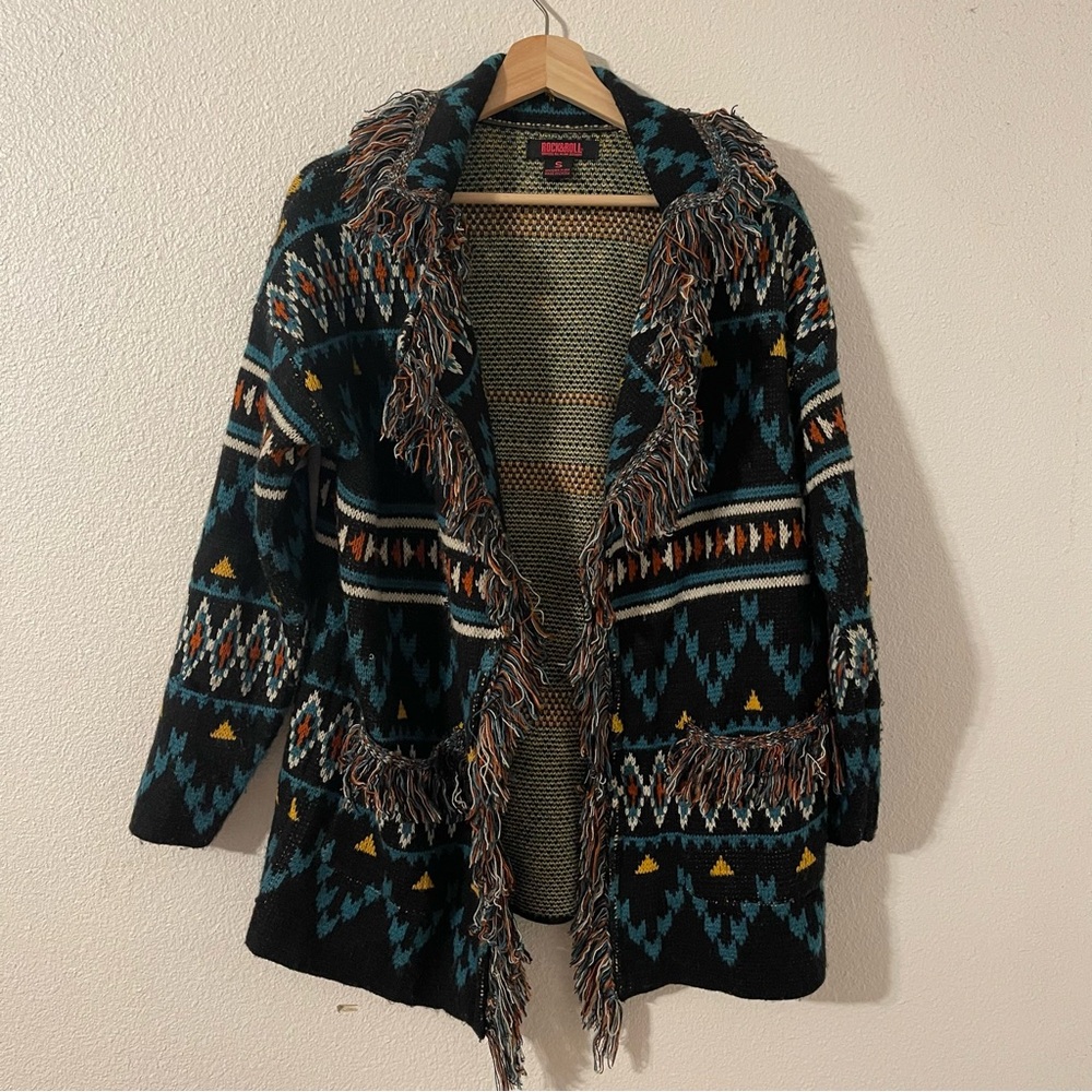 Rock & Roll Denim Womens Fringed Cardigan Sweater Open Front Black Aztec Size Sm